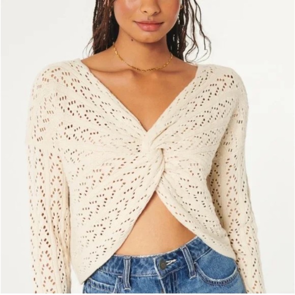 Hollister Long-Sleeve Crochet Twist Reversible Sweater In Gray Women’s Size XS - Picture 4 of 7